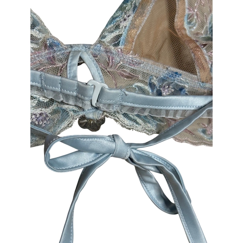 For Love & Lemons Blue Embroidered Sheer Bralette SDD Lace Tie Back - Picture 3 of 7